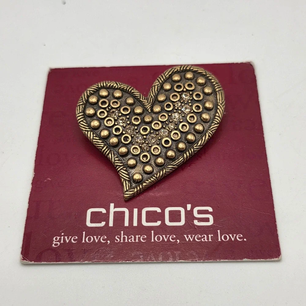 Chicos American Heart Association Heart Brooch Gold Tone Crystal Studded Pin